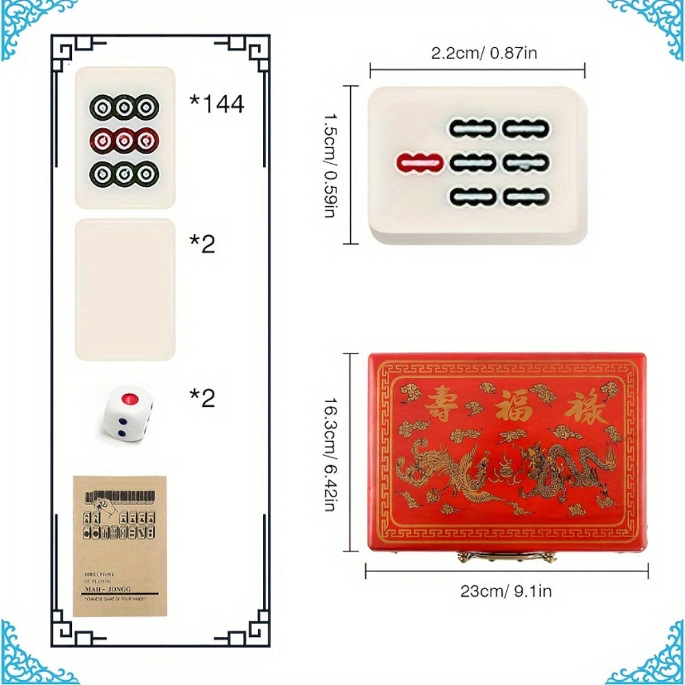 146-Tile Chinese Dragon Mahjong Set with Carrying Case, Wind Indicator, Dice and Compact Ivory-Style Tiles