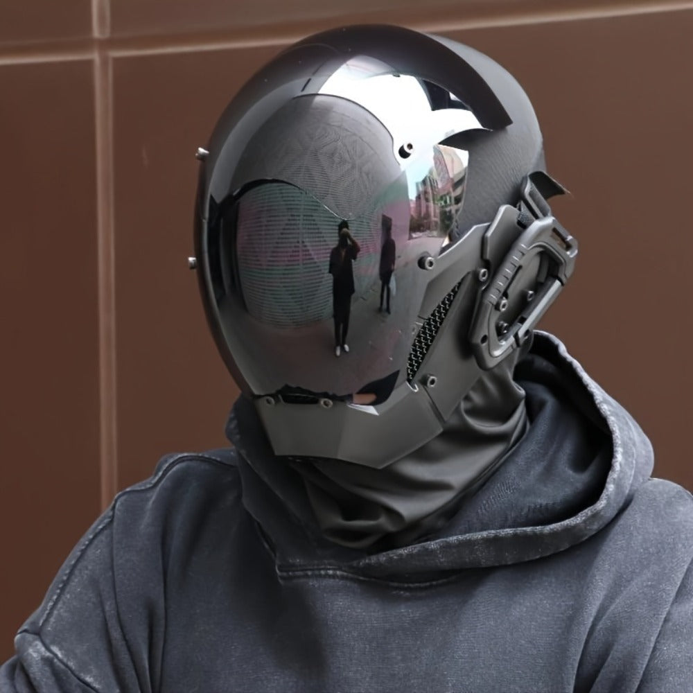 Black Reflective Cyberpunk Costume Mask with Full-Face Visor, Mechanical Side Details and Adjustable Rear Straps