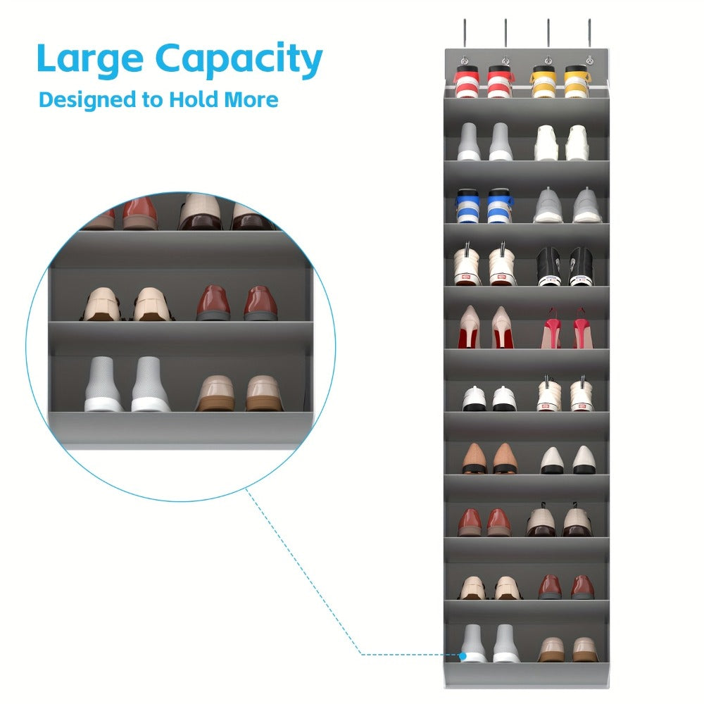 Shoe Rack 10-Tier Space-Saving Over-the-Door Organizer for Up to 20 Pairs with 4 Metal Hooks in Gray