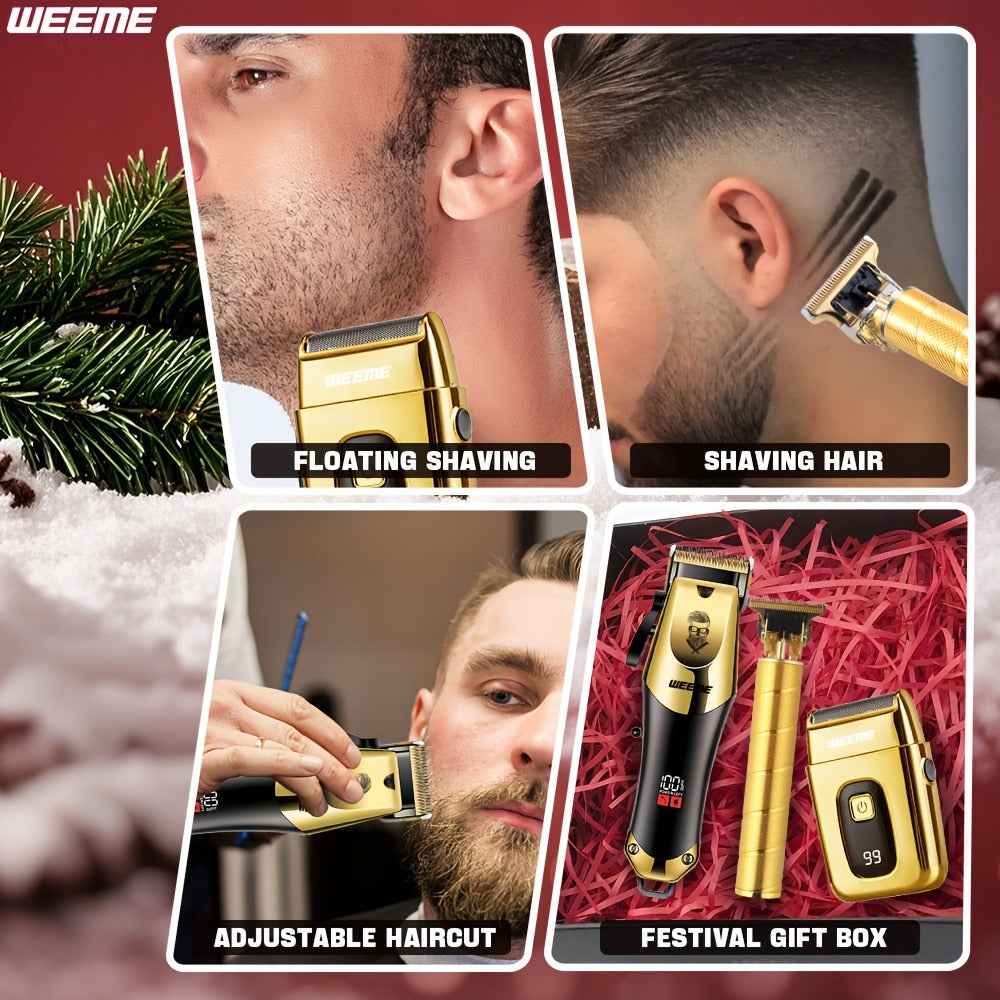Professional Hair Clipper Set for Men – 3pcs Golden Cordless Kit with Beard Trimmer & T-Blade Trimmer, Hair Cutting & Styling Tools, Ideal Birthday & Father’s Day Gift for Men
