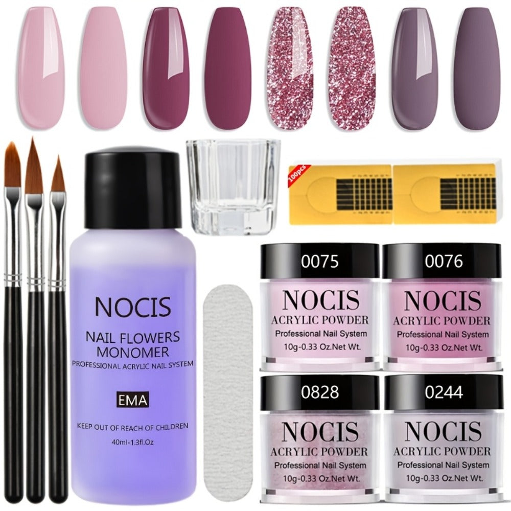 Acrylic Nail Kit NOCIS Four 10g Pink, Mauve and Glitter Powders with Liquid Monomer, Three Brushes and File