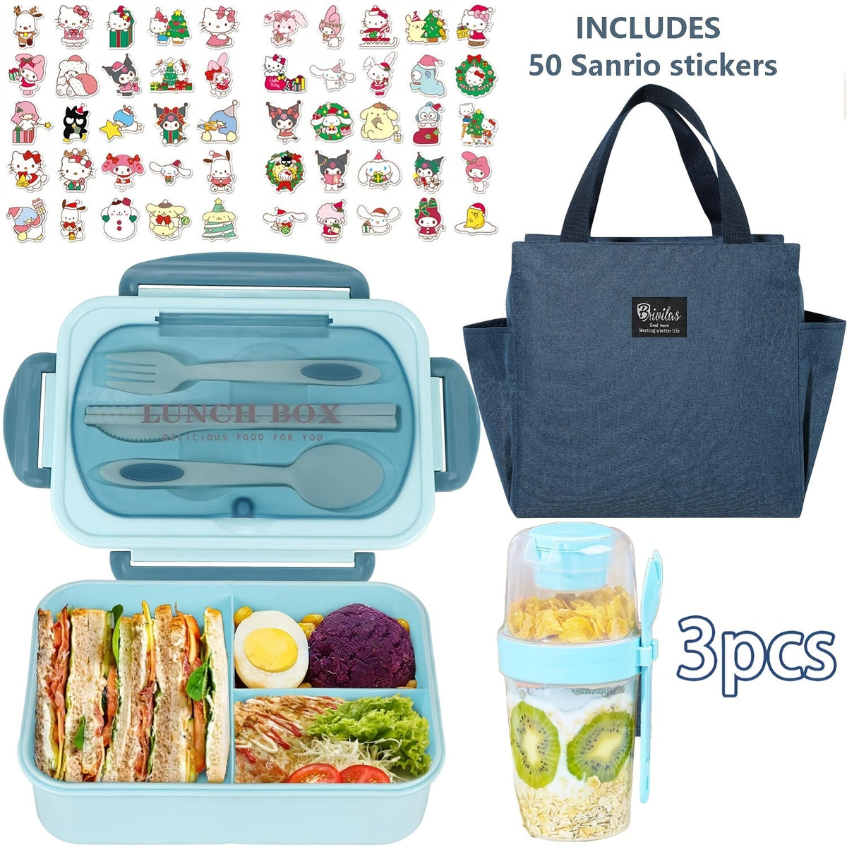 Sanrio Lunch Box Set 53pcs Bento Box with Thermal Bag Breakfast Cup Portable Sealed Compartment Microwave for Work Picnic School
