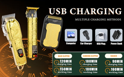 Hair Clippers & Trimmers LQT Golden Dragon Three-Piece Set with LCD Displays, USB Cables and Gift Box