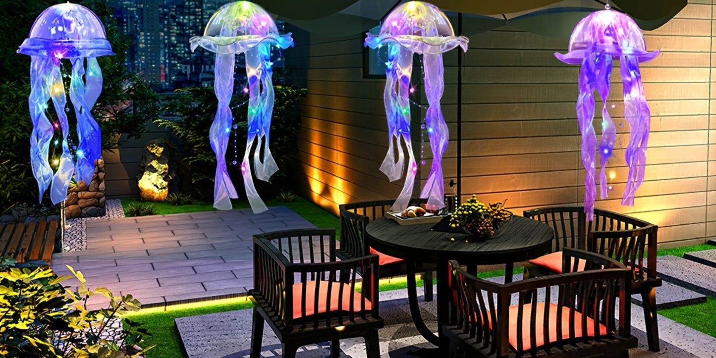 Five-Piece Illuminated Jellyfish Hanging Decoration Set with Translucent Crystal-Style Ribbons