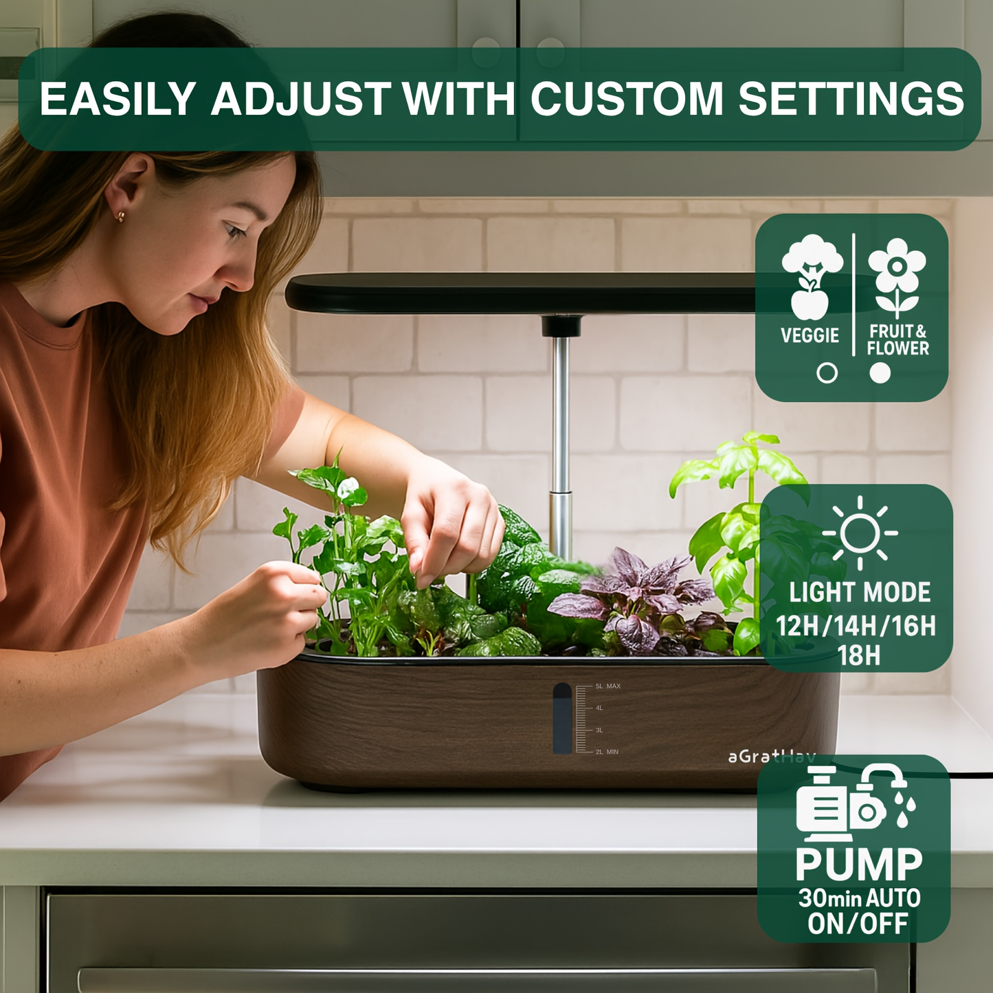 14-Pod Hydroponic Garden Kit with LED Grow Light, Timer, Pump and 1.32 Gallon Tank in Two Finishes