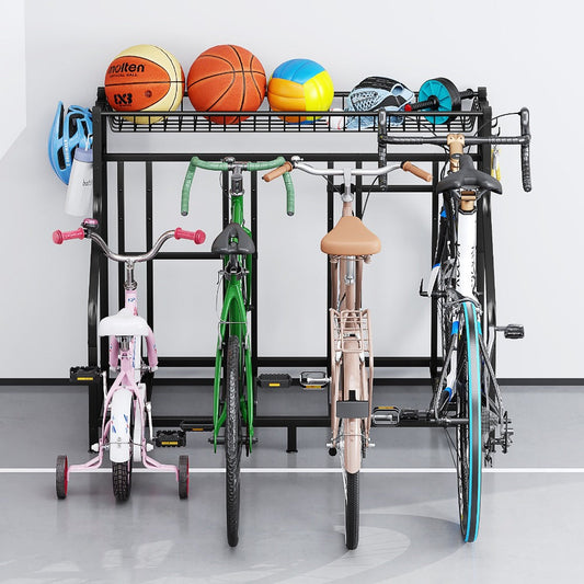 Freestanding Bike Storage Stand with Basket & Hooks – Adjustable Floor Rack for 3-4 Bikes, Indoor Outdoor Garage Organizer