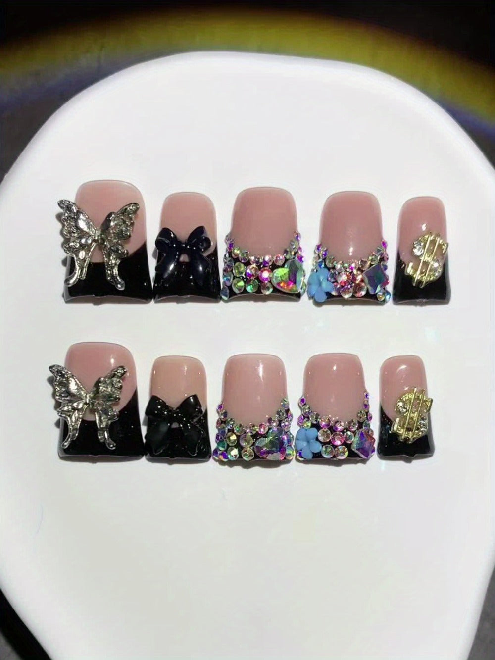 Black Nude Duckbill Press On Nails Medium Length – Glitter AB Rhinestone & Liquid Metal Butterfly Colorblock Handcrafted Acrylic Nail Set for Parties, Date Night & Daily Wear, 10pcs S/M/L