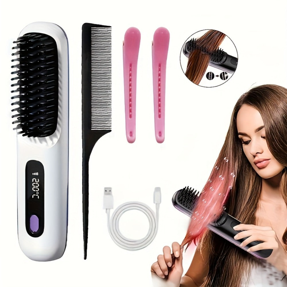 Cordless Hair Straightening Brush with USB-C Charging, Three Heat Levels and Black or White Options