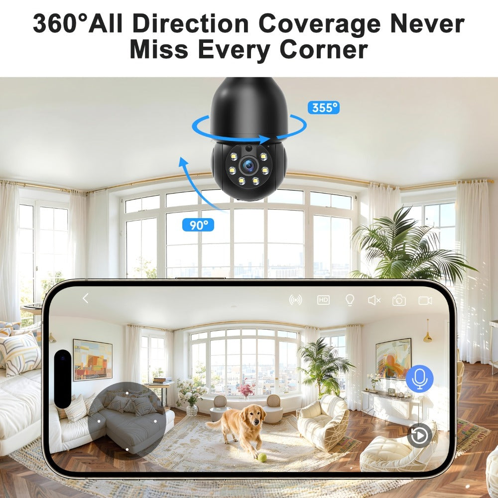 Security Camera 5MP Light-Bulb Model with Dual-Band WiFi, 360 Pan-Tilt, Color Night Vision and 1 or 2 Pack