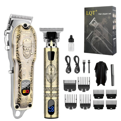 Electric Hair Clipper Set for Men - LQT USB Rechargeable 2000mAh with Engraving Scissors Metal Digital Display Cordless Barber Kit 2 3 4 Piece Home Salon Bronze Gift