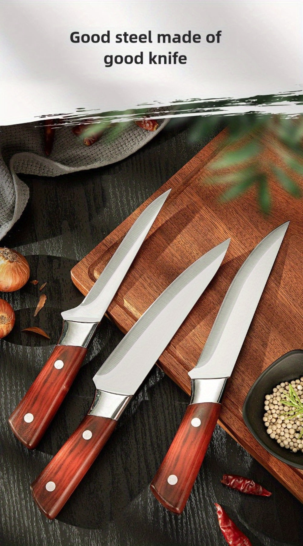 Kitchen Knife Set 3-Piece Hand-Forged Stainless Steel Boning, Fillet and Carving Knives with Optional Sheath