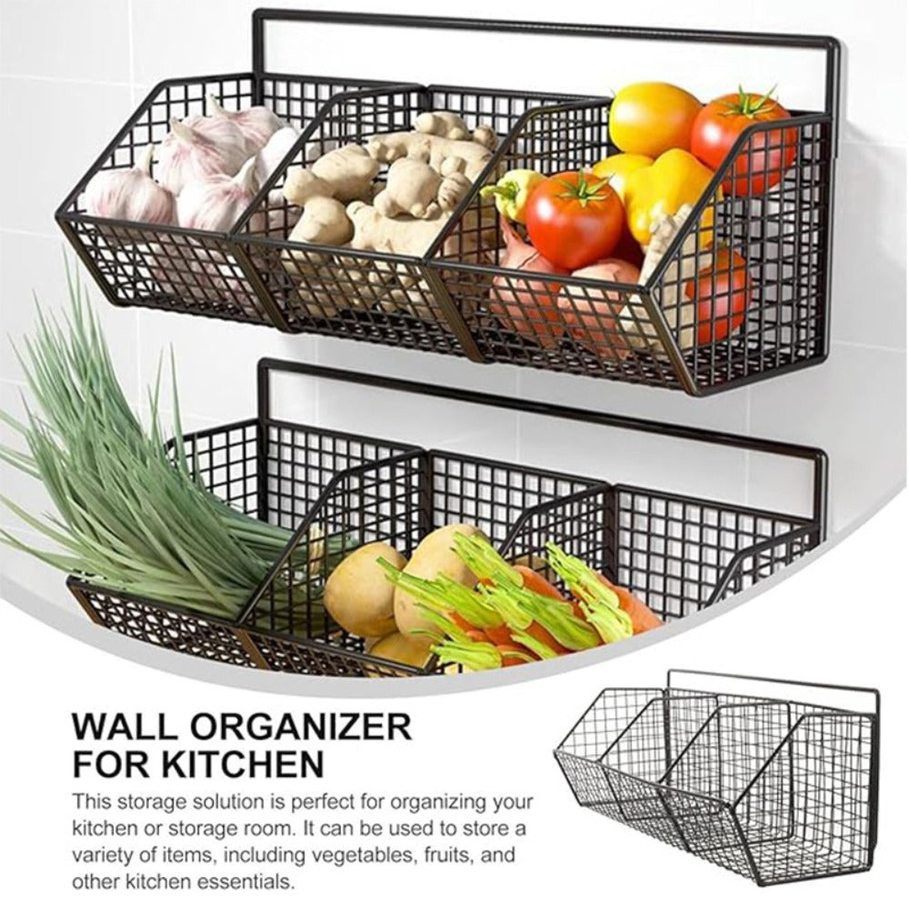 Black Wall-Mounted Wire Storage Basket with Open Front in Two- or Three-Grid Width Options