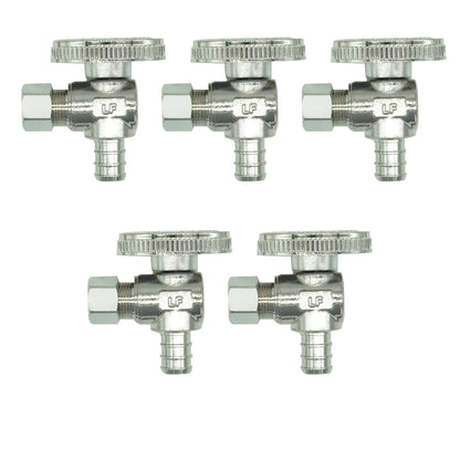 PEX Angle Stop Valve 5pcs - 1/2" PEX x 3/8" OD Compression, 1/4 Turn Shut-Off Valve, Chrome Brass