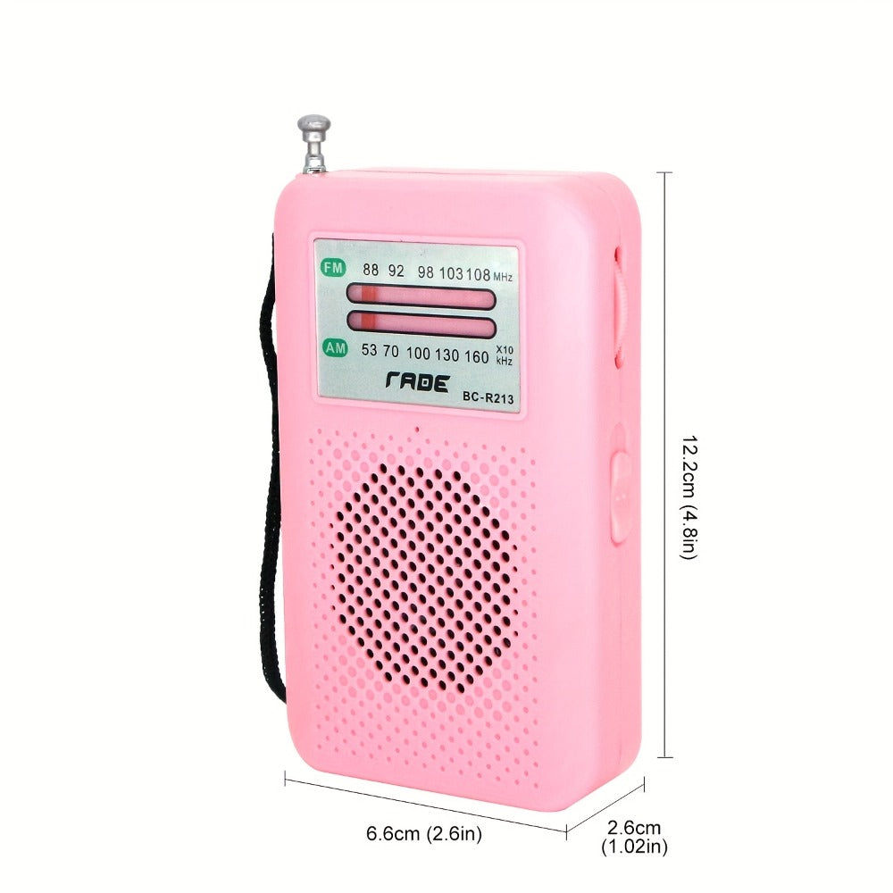 Pocket AM/FM Radio with Manual Tuner, Telescopic Antenna, Wrist Strap and Pink or Black Case