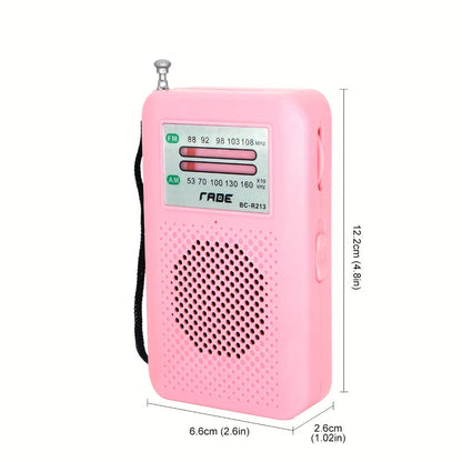 Pocket AM/FM Radio with Manual Tuner, Telescopic Antenna, Wrist Strap and Pink or Black Case