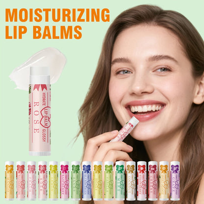 Lip Balm 16-Piece Assorted Flavor Set with Glossy Twist-Up Tubes and Orange Display Box Packaging