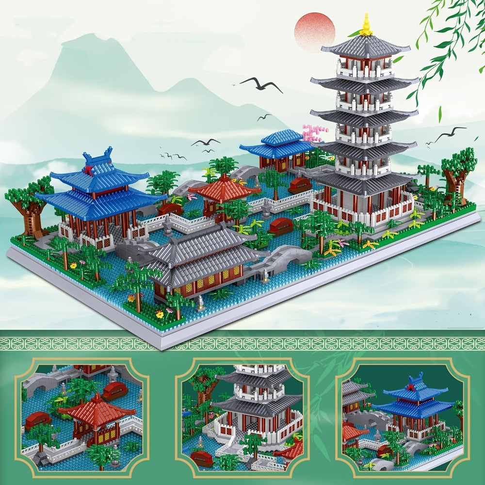 Hangzhou West Lake Architecture Building Block Model with 3,282 Pieces, Pagoda, Gardens and 11-Inch Base
