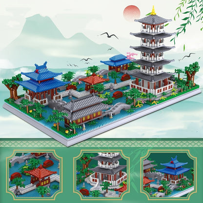 Hangzhou West Lake Architecture Building Block Model with 3,282 Pieces, Pagoda, Gardens and 11-Inch Base