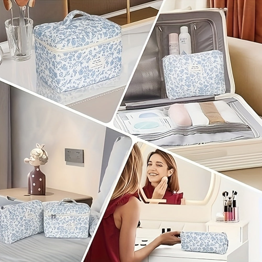 Three-Piece Floral Makeup Bag Set with Carry Handle, Gold-Color Zippers and Four Image-Bound Pattern Options