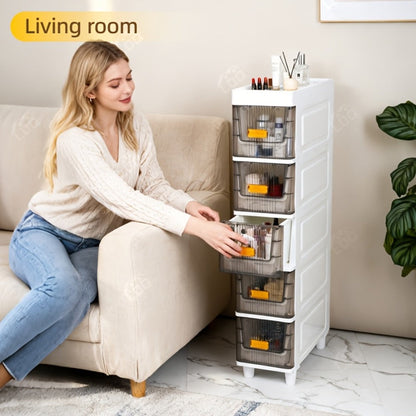 Storage Cabinet Slim PP Drawer Tower with Wheels, Pull-Out Bins and Three, Four or Five Layers