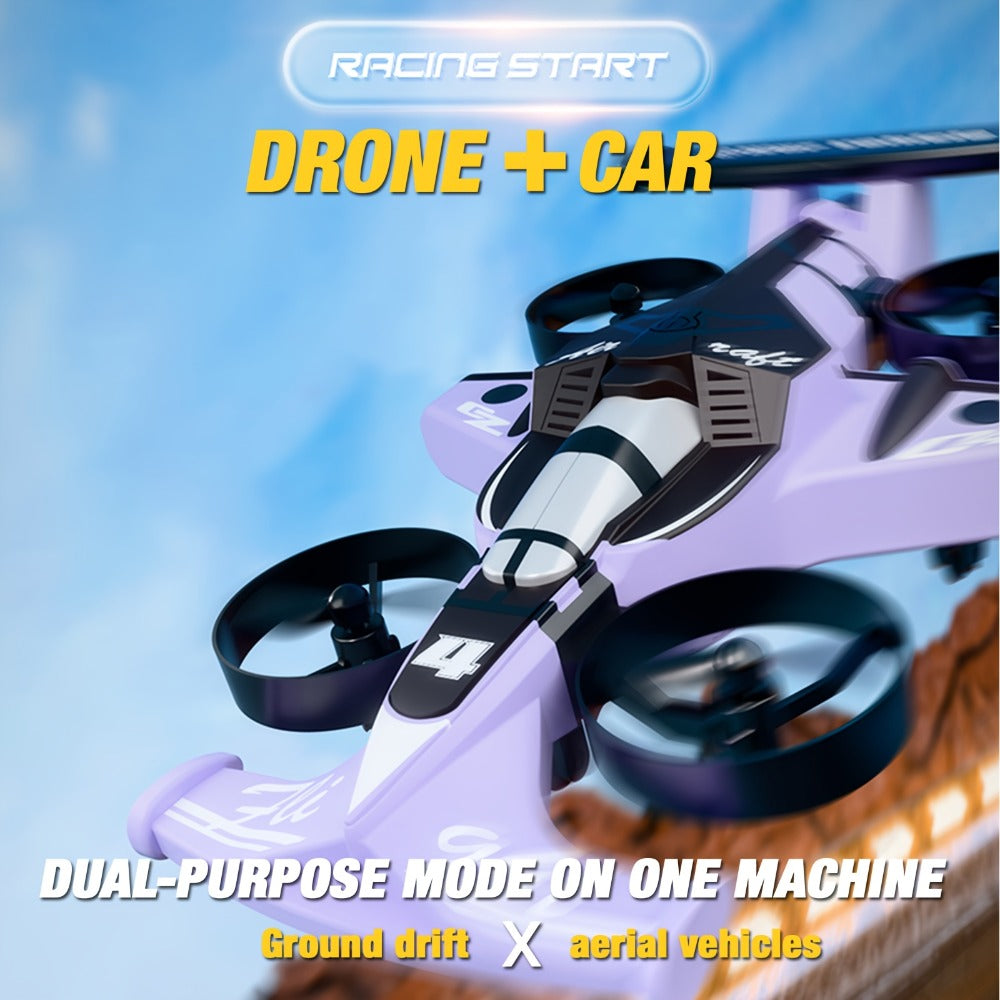 Two-in-One RC Drone and Ground Car with White Body, Two Batteries and Propeller Guards for Indoor Play