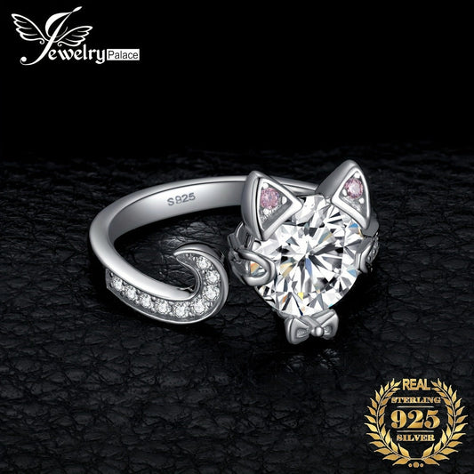 Adjustable Ring - Cat 925 Sterling Silver Love Cat with 3ct Round Cut Zirconia - Elegant - main product view