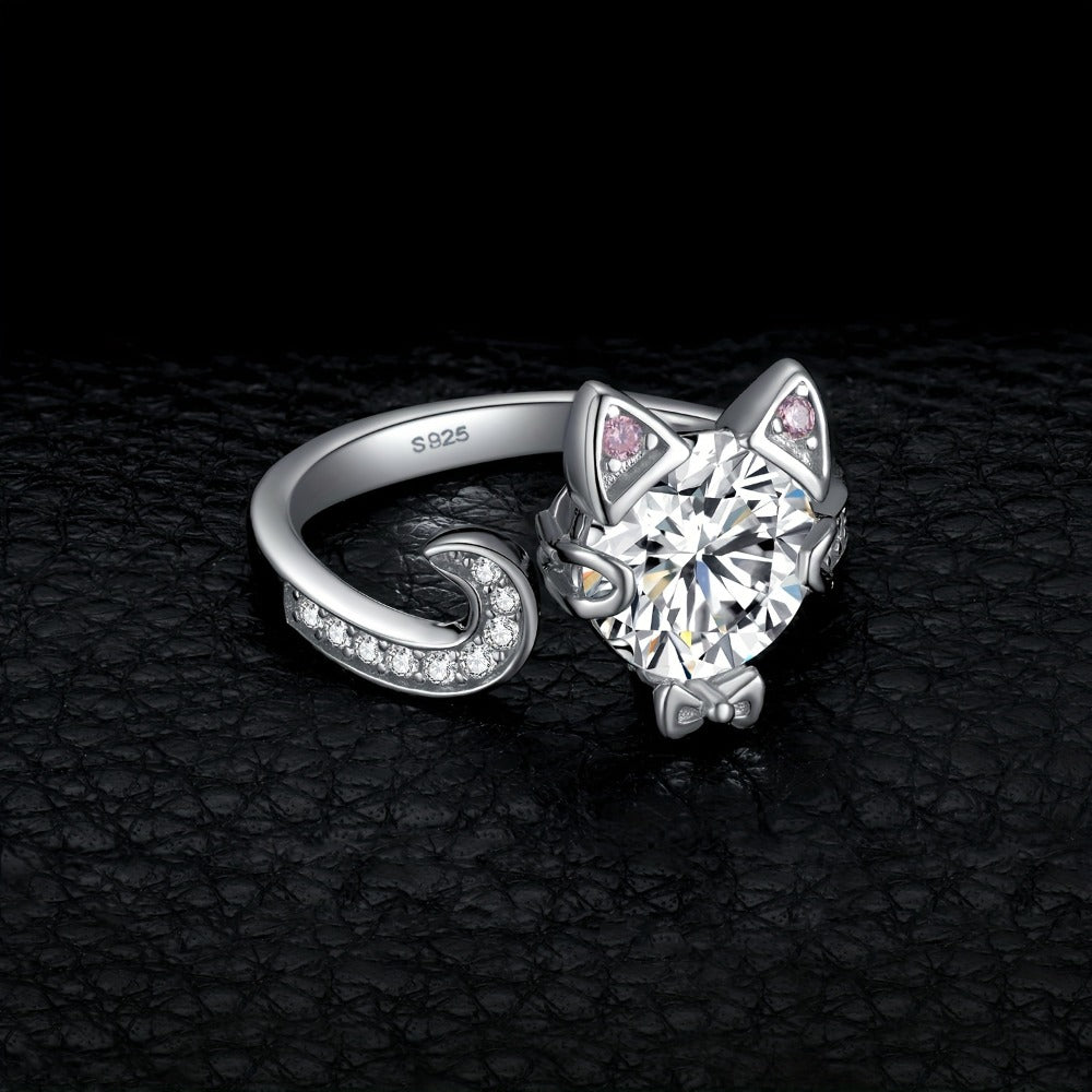 Adjustable Ring - Cat 925 Sterling Silver Love Cat with 3ct Round Cut Zirconia - Elegant - product detail view 3
