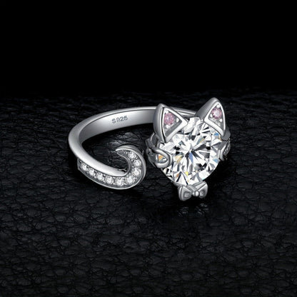 Adjustable Ring - Cat 925 Sterling Silver Love Cat with 3ct Round Cut Zirconia - Elegant - product detail view 3