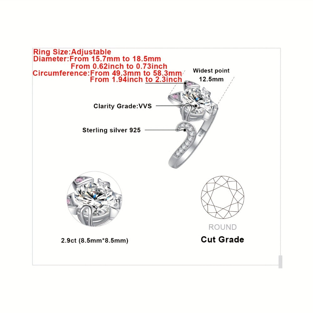 Adjustable Ring - Cat 925 Sterling Silver Love Cat with 3ct Round Cut Zirconia - Elegant - product detail view 5