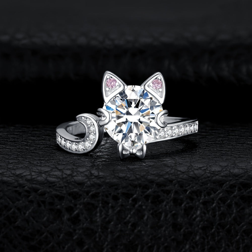 Adjustable Ring - Cat 925 Sterling Silver Love Cat with 3ct Round Cut Zirconia - Elegant - product detail view 6