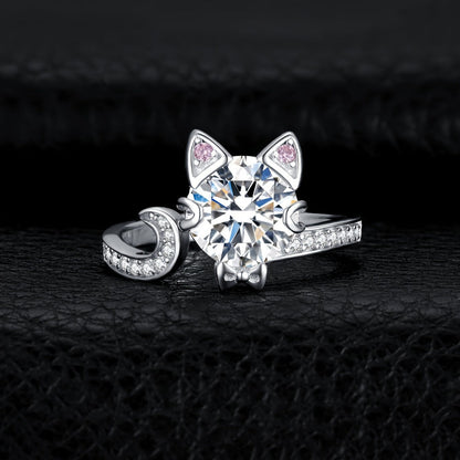 Adjustable Ring - Cat 925 Sterling Silver Love Cat with 3ct Round Cut Zirconia - Elegant - product detail view 6