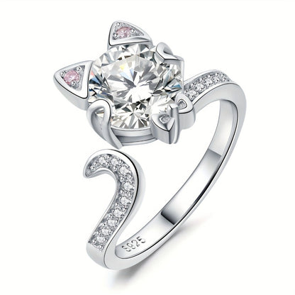 Adjustable Ring - Cat 925 Sterling Silver Love Cat with 3ct Round Cut Zirconia - Elegant - product detail view 7