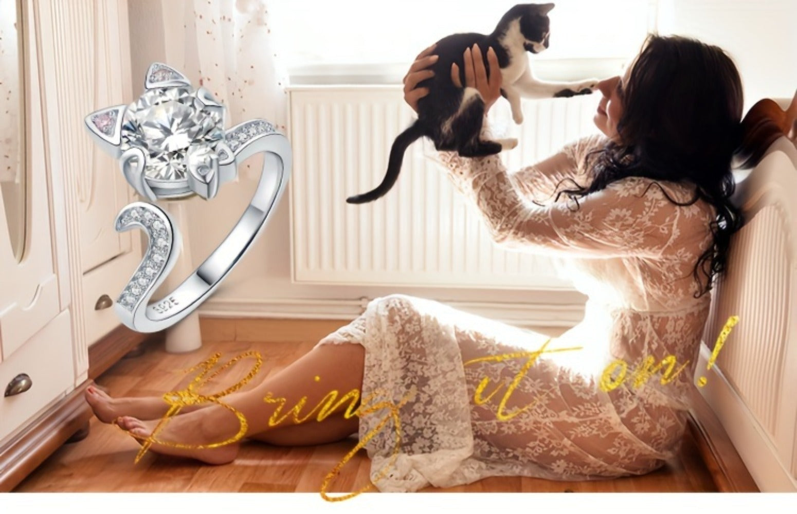 Adjustable Ring - Cat 925 Sterling Silver Love Cat with 3ct Round Cut Zirconia - Elegant - product detail view 9
