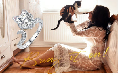 Adjustable Ring - Cat 925 Sterling Silver Love Cat with 3ct Round Cut Zirconia - Elegant - product detail view 9