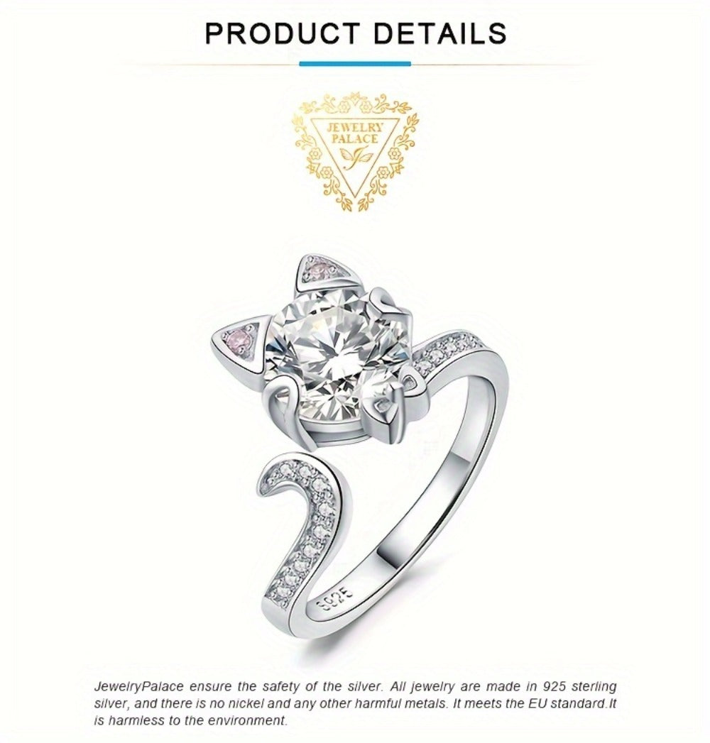 Adjustable Ring - Cat 925 Sterling Silver Love Cat with 3ct Round Cut Zirconia - Elegant - product detail view 11