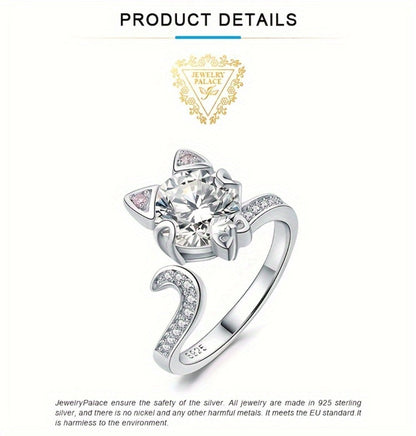Adjustable Ring - Cat 925 Sterling Silver Love Cat with 3ct Round Cut Zirconia - Elegant - product detail view 11