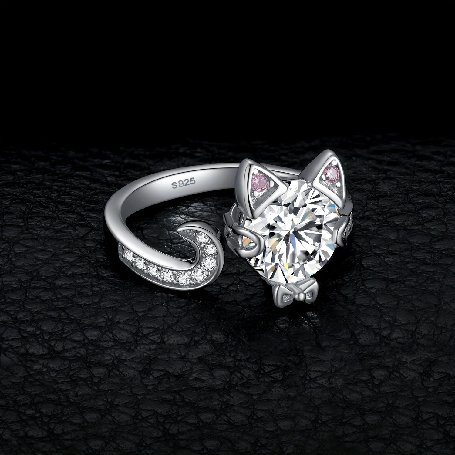 Adjustable Ring - Cat 925 Sterling Silver Love Cat with 3ct Round Cut Zirconia - Elegant - product detail view 13