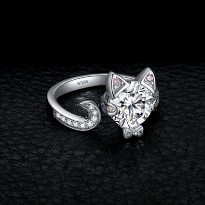 Adjustable Ring - Cat 925 Sterling Silver Love Cat with 3ct Round Cut Zirconia - Elegant - product detail view 13