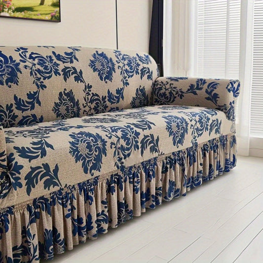 Sofa Slipcover, Dark Blue Stretch Cover with Ruffle Skirt, Fixed Rod and One-to-Four-Seat Options