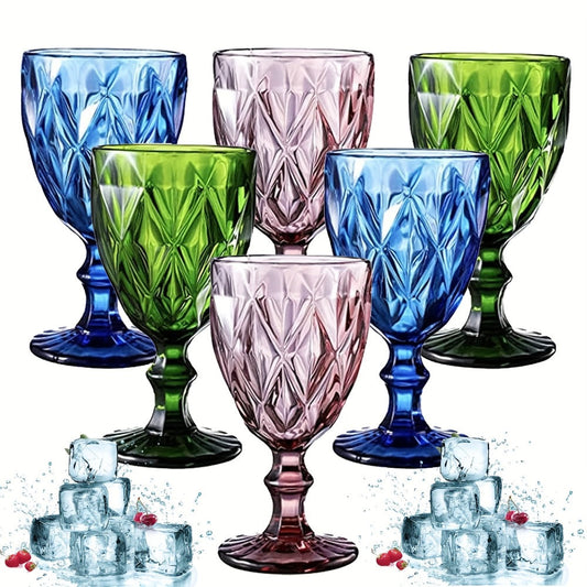 Diamond Pattern Colored Wine Glasses Set of 6 – 10 Oz Vintage Crystal Stemmed Goblets – Multi-Color Glassware for Party, Wedding, Bar, Water & Juice – Pink, Green, Blue Stemware