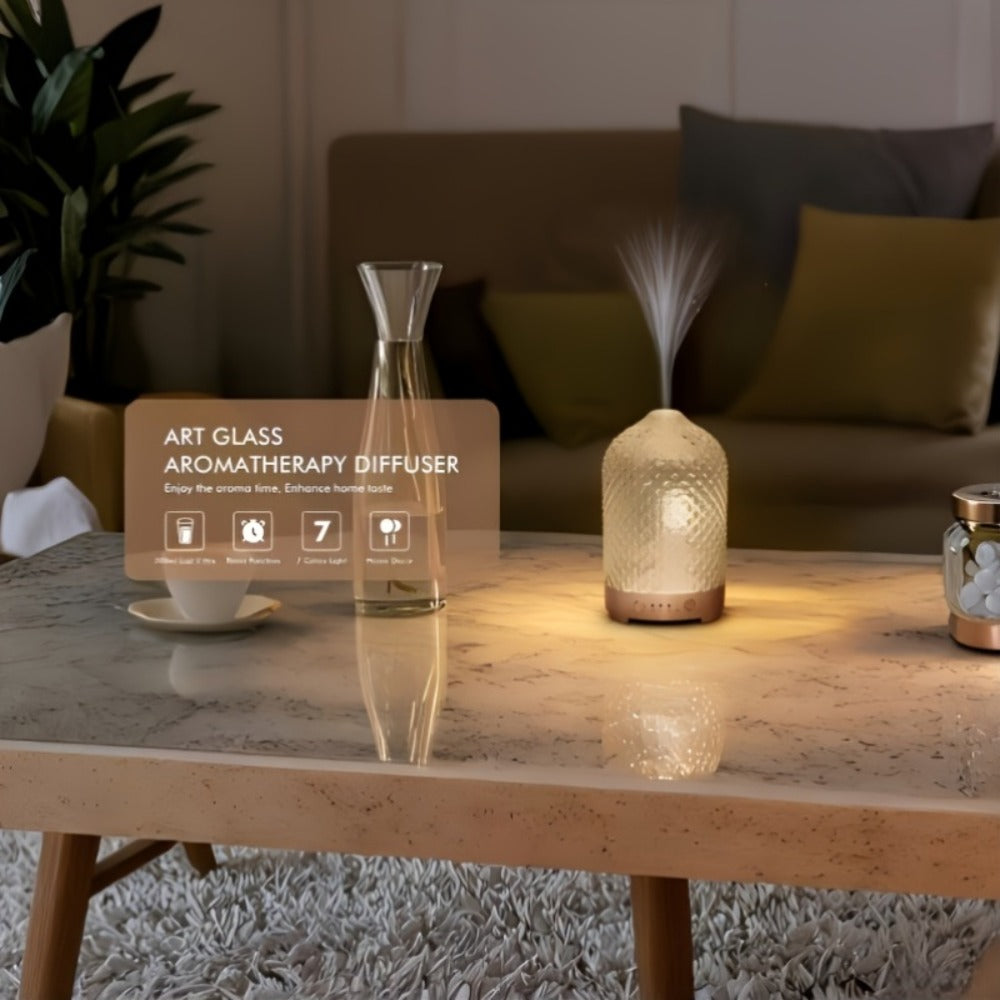 200ml Essential Oil Diffuser with Textured Glass-Style Cover, Seven-Color Light and 2H, 4H or 6H Timer