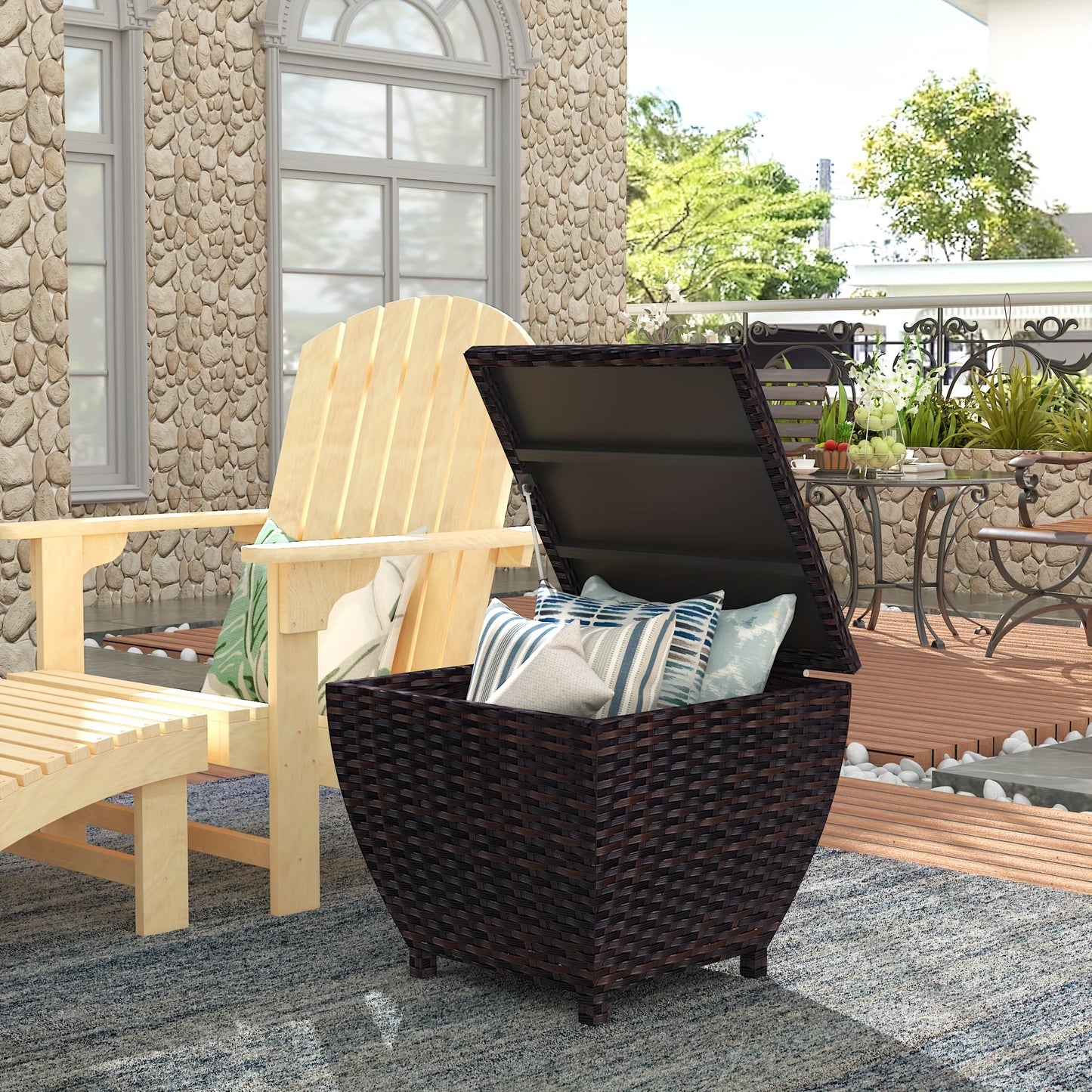 PE Wicker Outdoor Storage Box Side Table, Flip-Top Lid