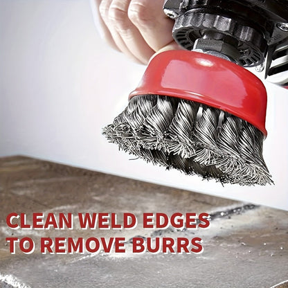 Two-Piece Four-Inch Twisted Wire Cup Brush Set for Angle Grinders, Rust Removal and Weld Cleaning