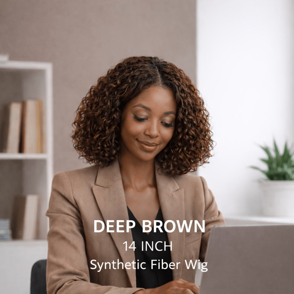Synthetic Wig 14-Inch Deep-Wave Curly Bob with Glueless Rose Net Cap in Four Colors for Daily Style