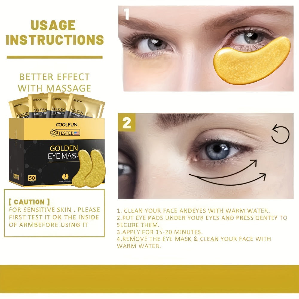 50-Pair Gold-Tone Under-Eye Patch Box with Individual Pouches and Collagen, Hyaluronic Acid and Glycerin Wording