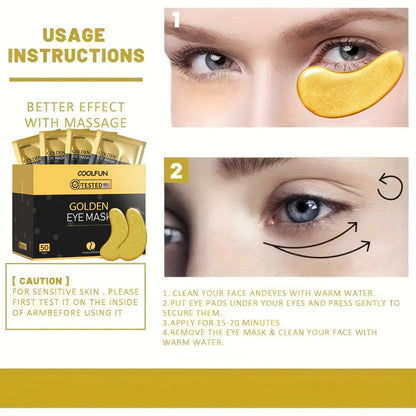 50-Pair Gold-Tone Under-Eye Patch Box with Individual Pouches and Collagen, Hyaluronic Acid and Glycerin Wording