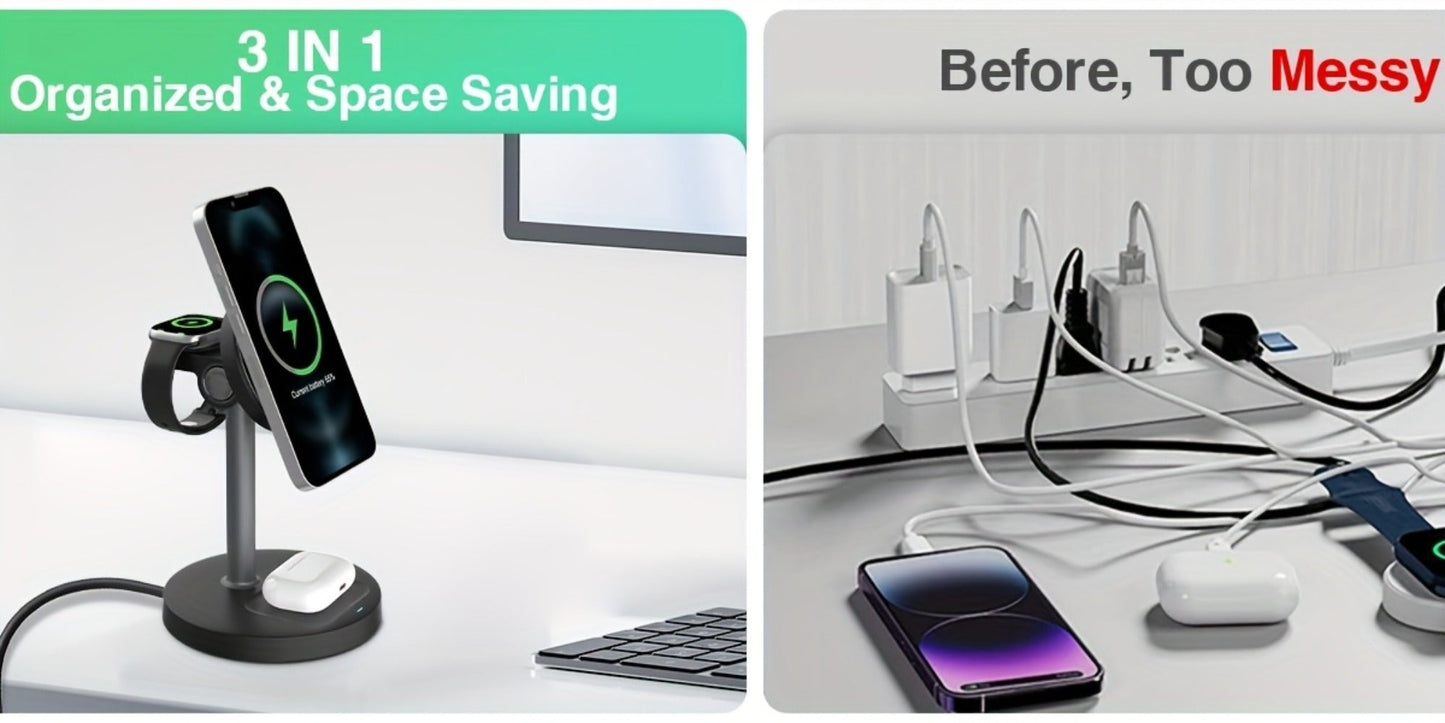 3-in-1 Wireless Charging Station 6 Colors Fast Qi Charger for iPhone 17/16/15/14/13/12, Apple Watch Ultra/Series 11/10/9/SE & AirPods 4/3/2 Pro – Anti-Slip Foreign Object Detection | Pink White Black Purple Green Blue