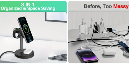 3-in-1 Wireless Charging Station 6 Colors Fast Qi Charger for iPhone 17/16/15/14/13/12, Apple Watch Ultra/Series 11/10/9/SE & AirPods 4/3/2 Pro – Anti-Slip Foreign Object Detection | Pink White Black Purple Green Blue