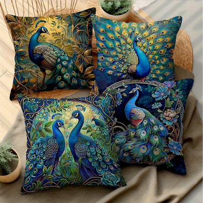 Vintage Peacock Throw Pillow Covers, Set of Four 18 x 18-Inch Short-Plush Cases with Zipper Openings
