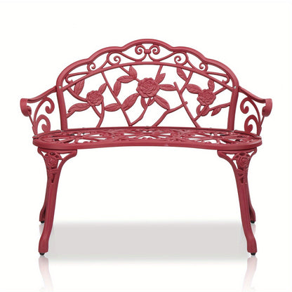 Floral Metal Outdoor Bench with 38.5in Rose-Pattern Seat and Back, Curved Arms and Four Color Options
